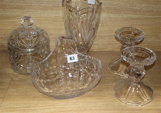 A Waterford Marquis pattern vase cut glass jar and cover and basket and a pair of candleholders
